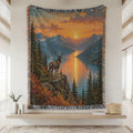 Stag Blanket Woven Throw, Forest Deer and Mountain Lake Cotton Blanket, Woodland Nature Decor Gift