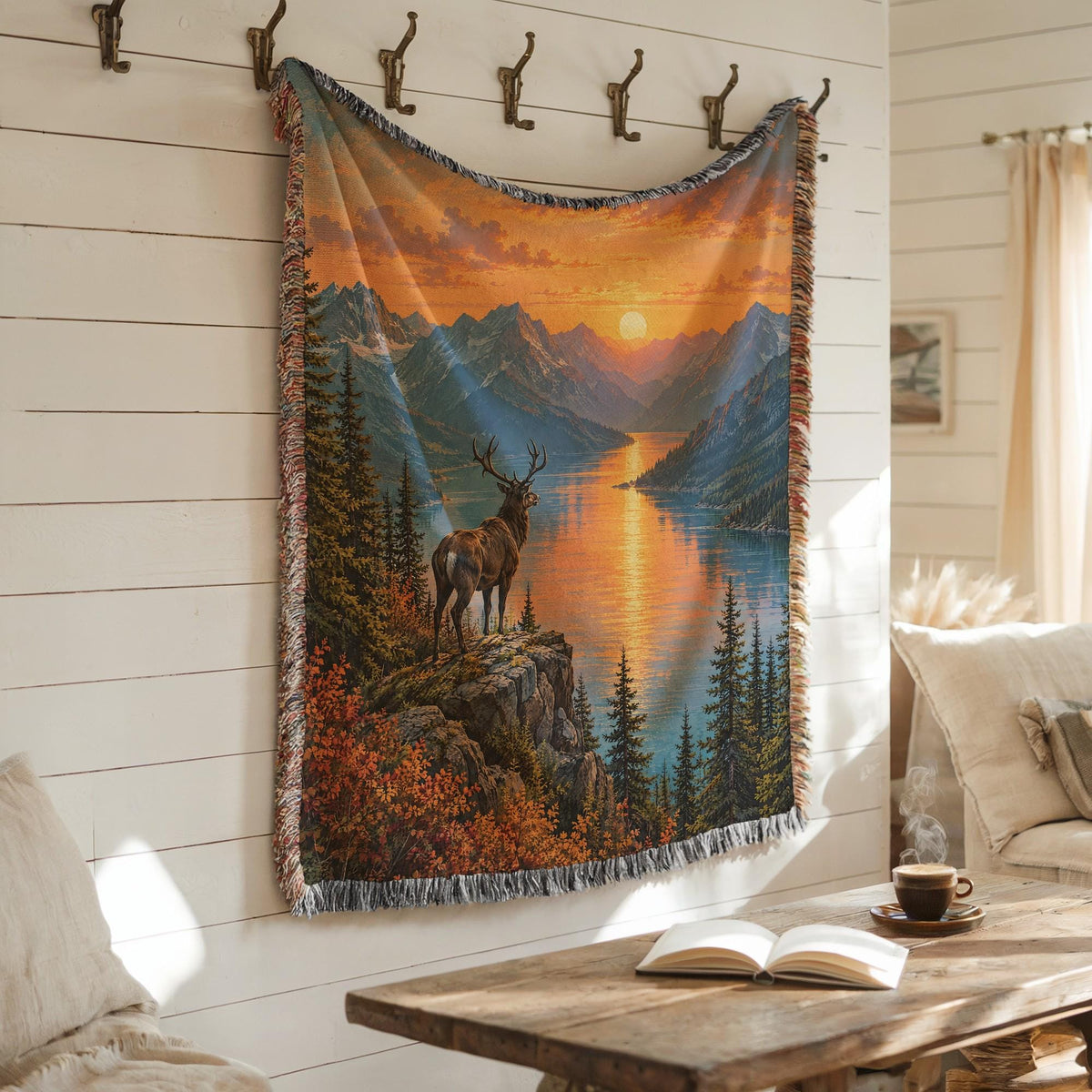 Stag Blanket Woven Throw, Forest Deer and Mountain Lake Cotton Blanket, Woodland Nature Decor Gift