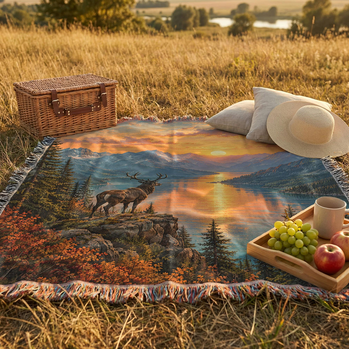 Stag Blanket Woven Throw, Forest Deer and Mountain Lake Cotton Blanket, Woodland Nature Decor Gift