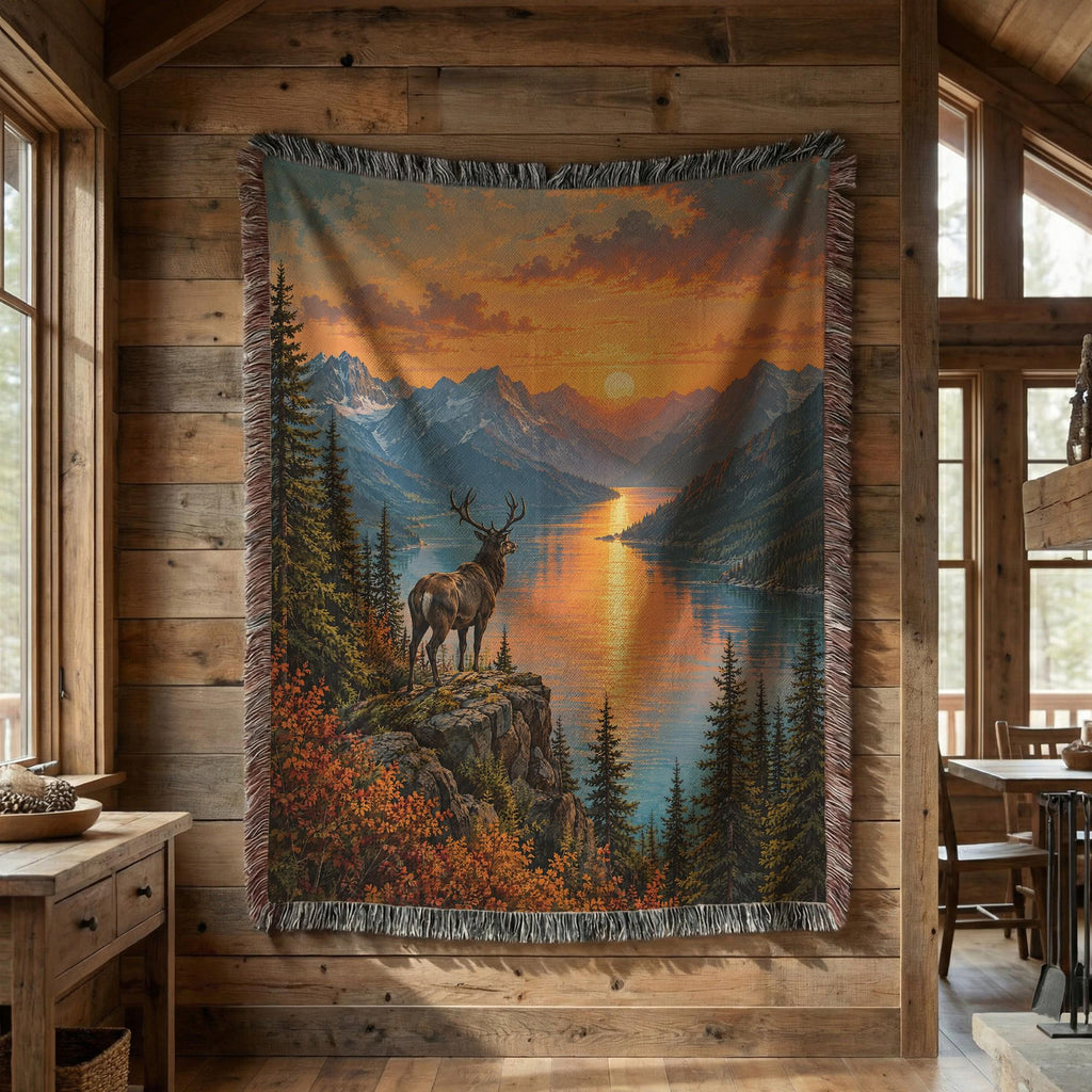 Stag Blanket Woven Throw, Forest Deer and Mountain Lake Cotton Blanket, Woodland Nature Decor Gift