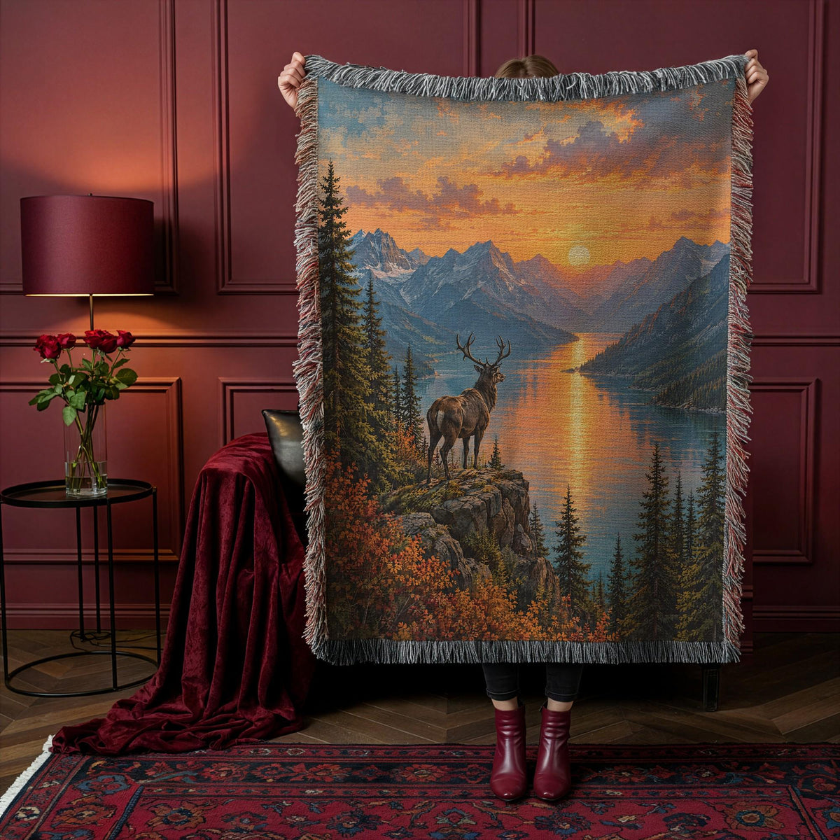 Stag Blanket Woven Throw, Forest Deer and Mountain Lake Cotton Blanket, Woodland Nature Decor Gift