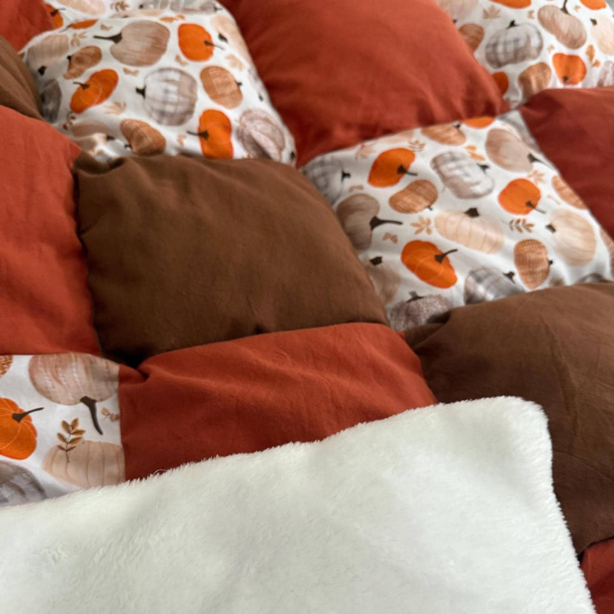 Handmade Pumpkin Patch Puff Quilt | Cozy Autumn Throw Blanket (50"x56")