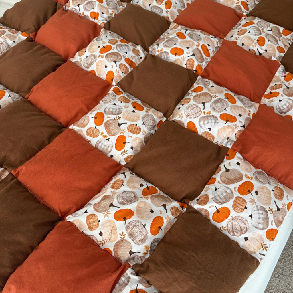 Handmade Pumpkin Patch Puff Quilt | Cozy Autumn Throw Blanket (50"x56")