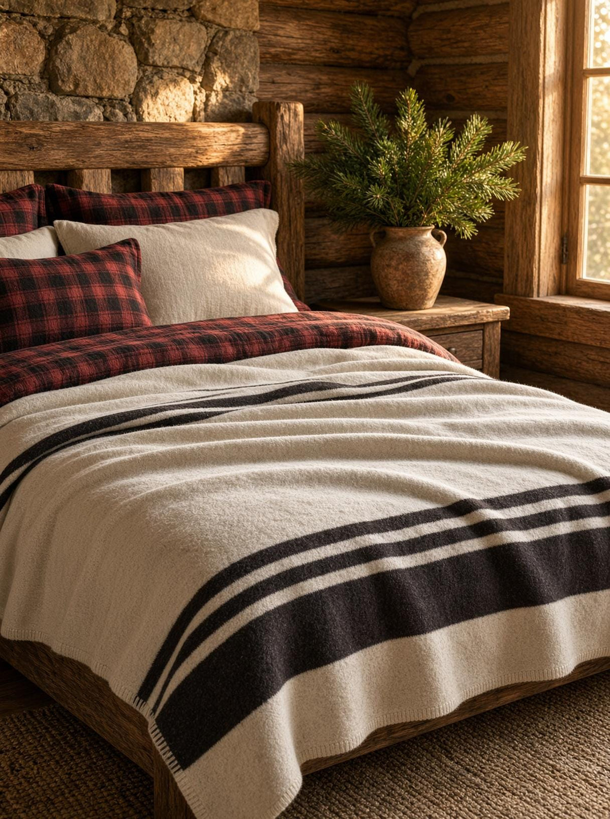 Mongolian Wool Blanket 185x235 Dark Charcoal Brown Stripes | Heavy 3kg Cabin Throw | Autumn Winter Bed Sofa