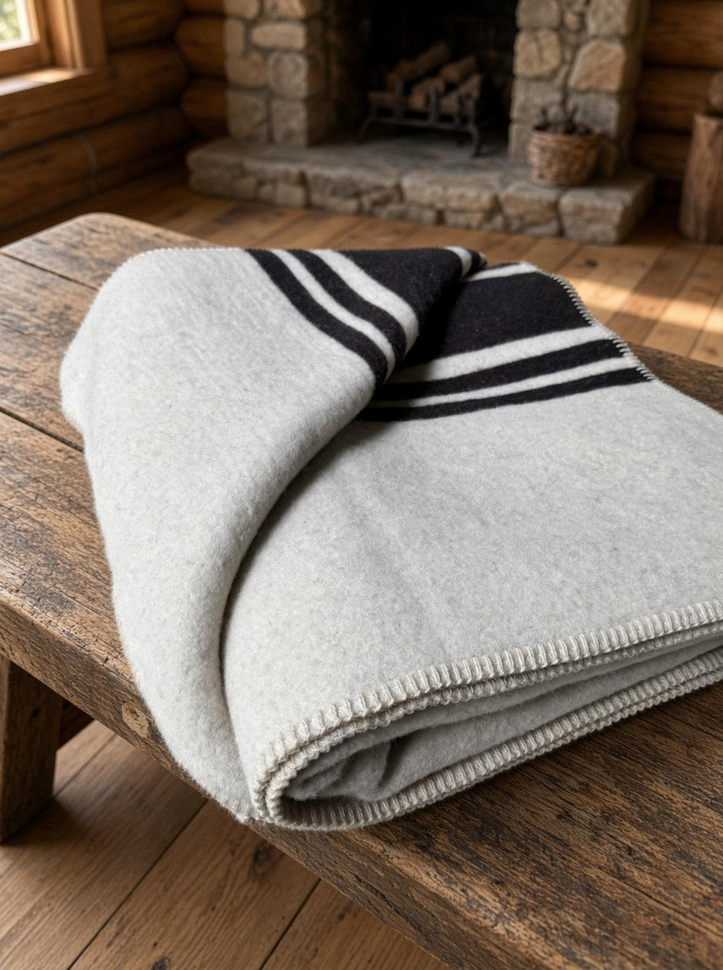 Mongolian Wool Blanket 185x235 Dark Charcoal Brown Stripes | Heavy 3kg Cabin Throw | Autumn Winter Bed Sofa