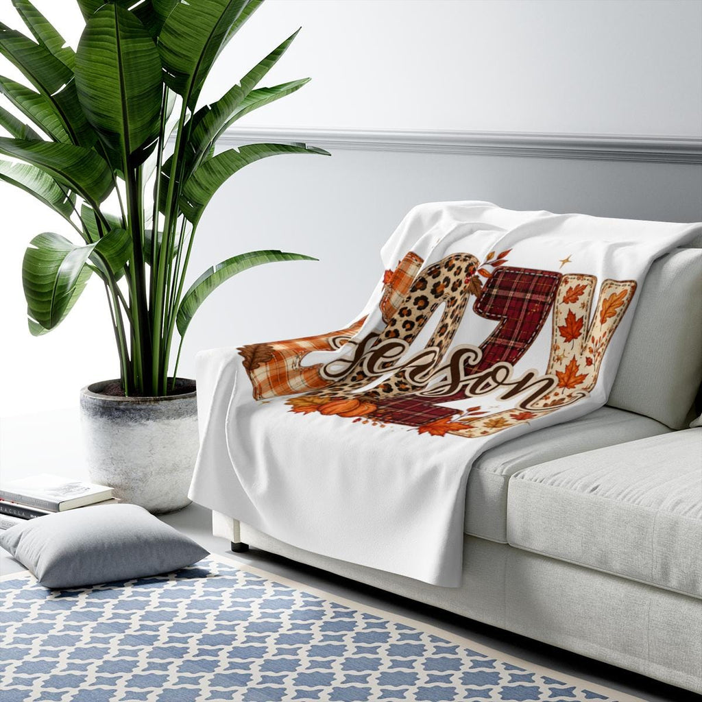 Cozy Season Sherpa Fleece Blanket, Autumn Leaf Print Throw, Plaid Leopard Design