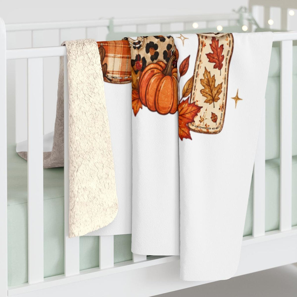 Cozy Season Sherpa Fleece Blanket, Autumn Leaf Print Throw, Plaid Leopard Design
