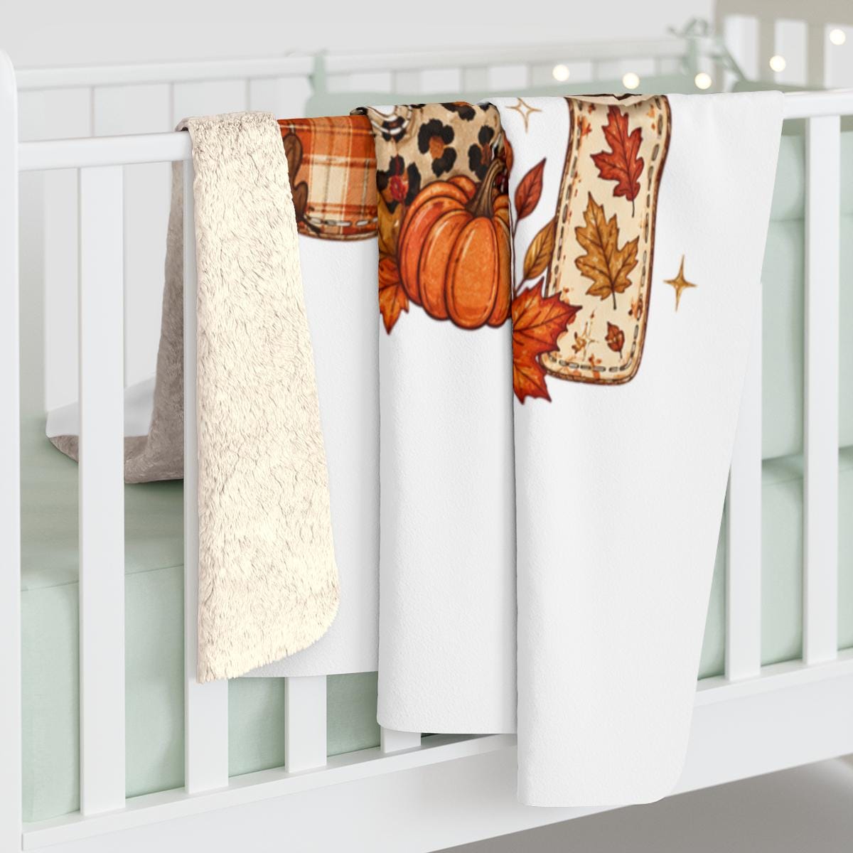 Cozy Season Sherpa Fleece Blanket, Autumn Leaf Print Throw, Plaid Leopard Design