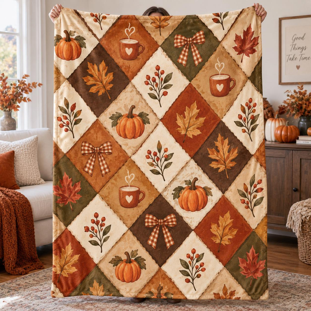 Fall Fleece Blanket, Cozy Autumn Throw Blanket, Pumpkin Maple Leaf Blanket, Rustic Fall Home Decor, Thanksgiving Season Gift