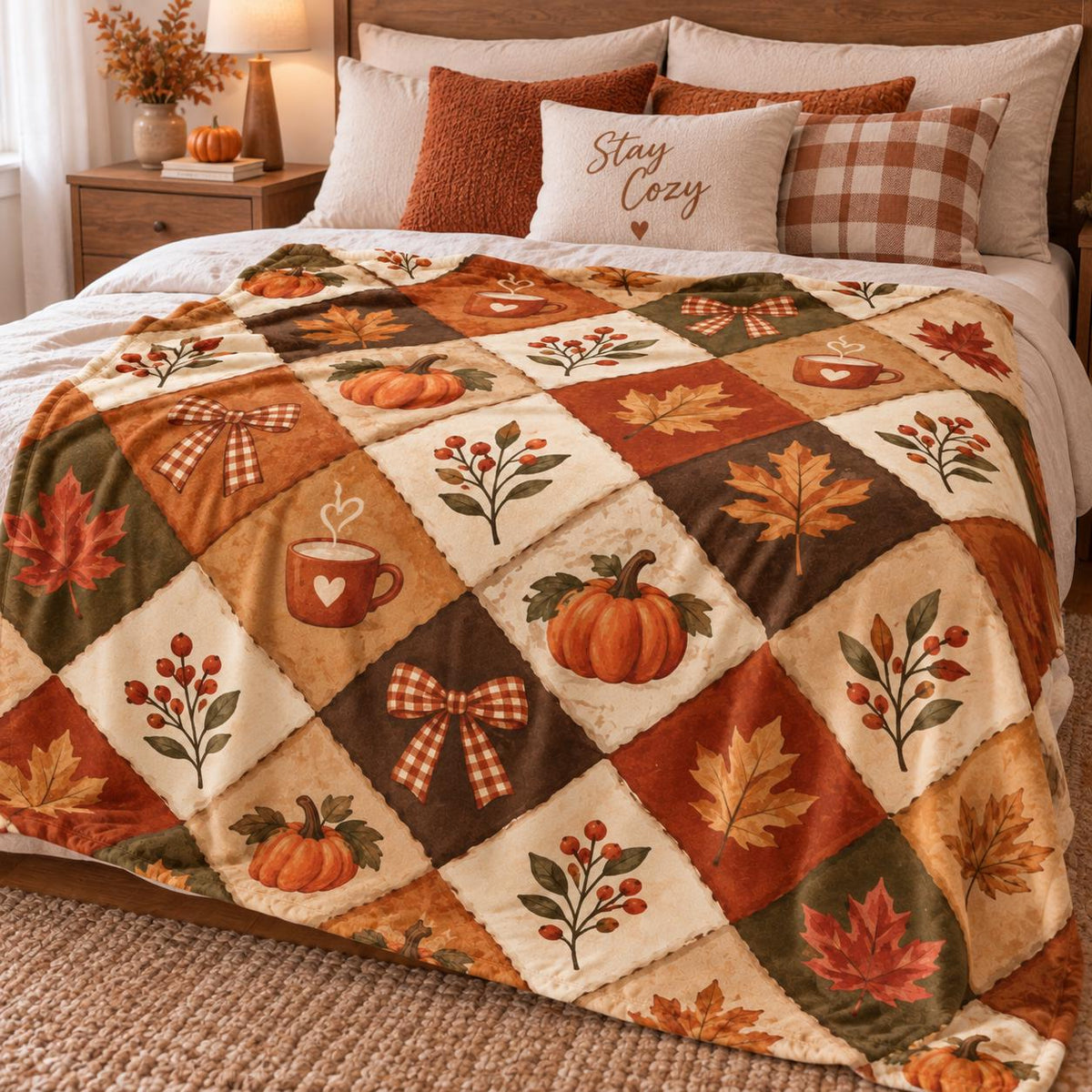 Fall Fleece Blanket, Cozy Autumn Throw Blanket, Pumpkin Maple Leaf Blanket, Rustic Fall Home Decor, Thanksgiving Season Gift