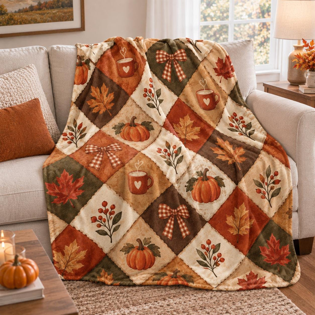 Fall Fleece Blanket, Cozy Autumn Throw Blanket, Pumpkin Maple Leaf Blanket, Rustic Fall Home Decor, Thanksgiving Season Gift