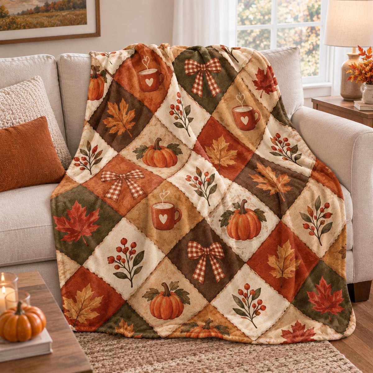 Fall Fleece Blanket, Cozy Autumn Throw Blanket, Pumpkin Maple Leaf Blanket, Rustic Fall Home Decor, Thanksgiving Season Gift