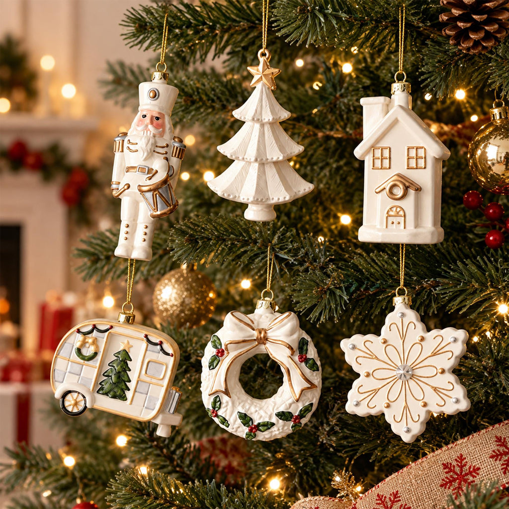 White Christmas Ornament Set, PVC Holiday Tree Decorations, Minimalist Winter Hanging Decor, Snowflake Santa Tree House Gift for Family