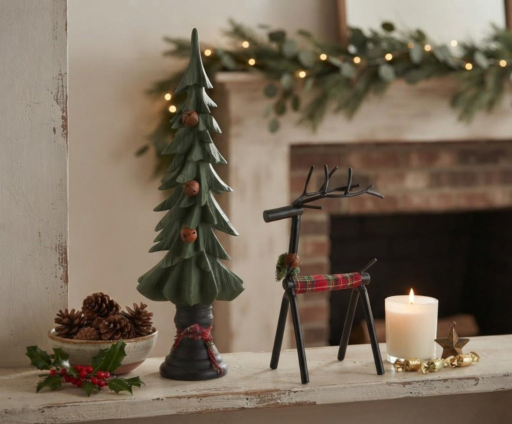 Rusty Bell Christmas Tree Plaid Reindeer Set Primitive Country Holiday Table Decor