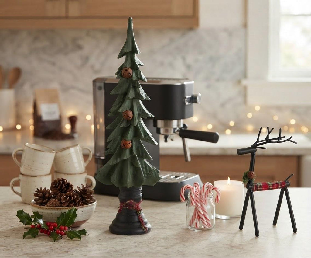 Rusty Bell Christmas Tree Plaid Reindeer Set Primitive Country Holiday Table Decor