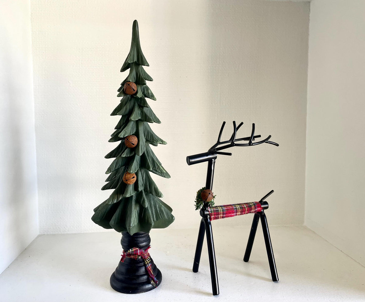 Rusty Bell Christmas Tree Plaid Reindeer Set Primitive Country Holiday Table Decor