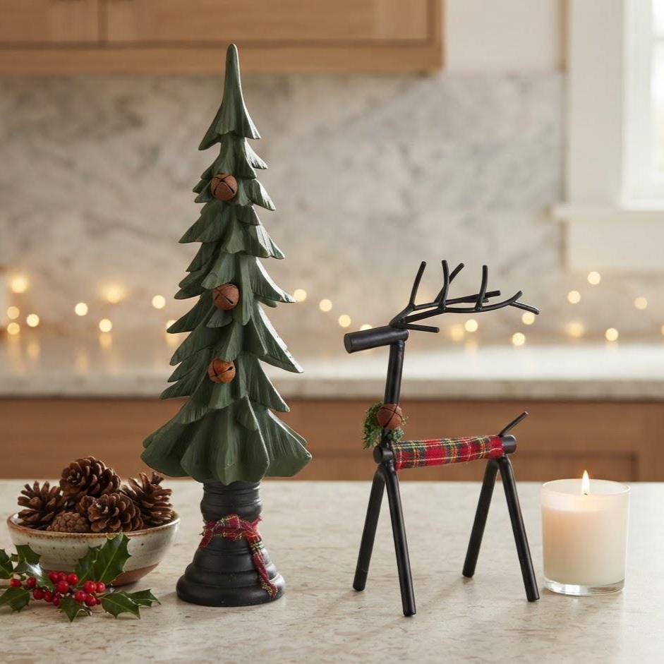 Rusty Bell Christmas Tree Plaid Reindeer Set Primitive Country Holiday Table Decor