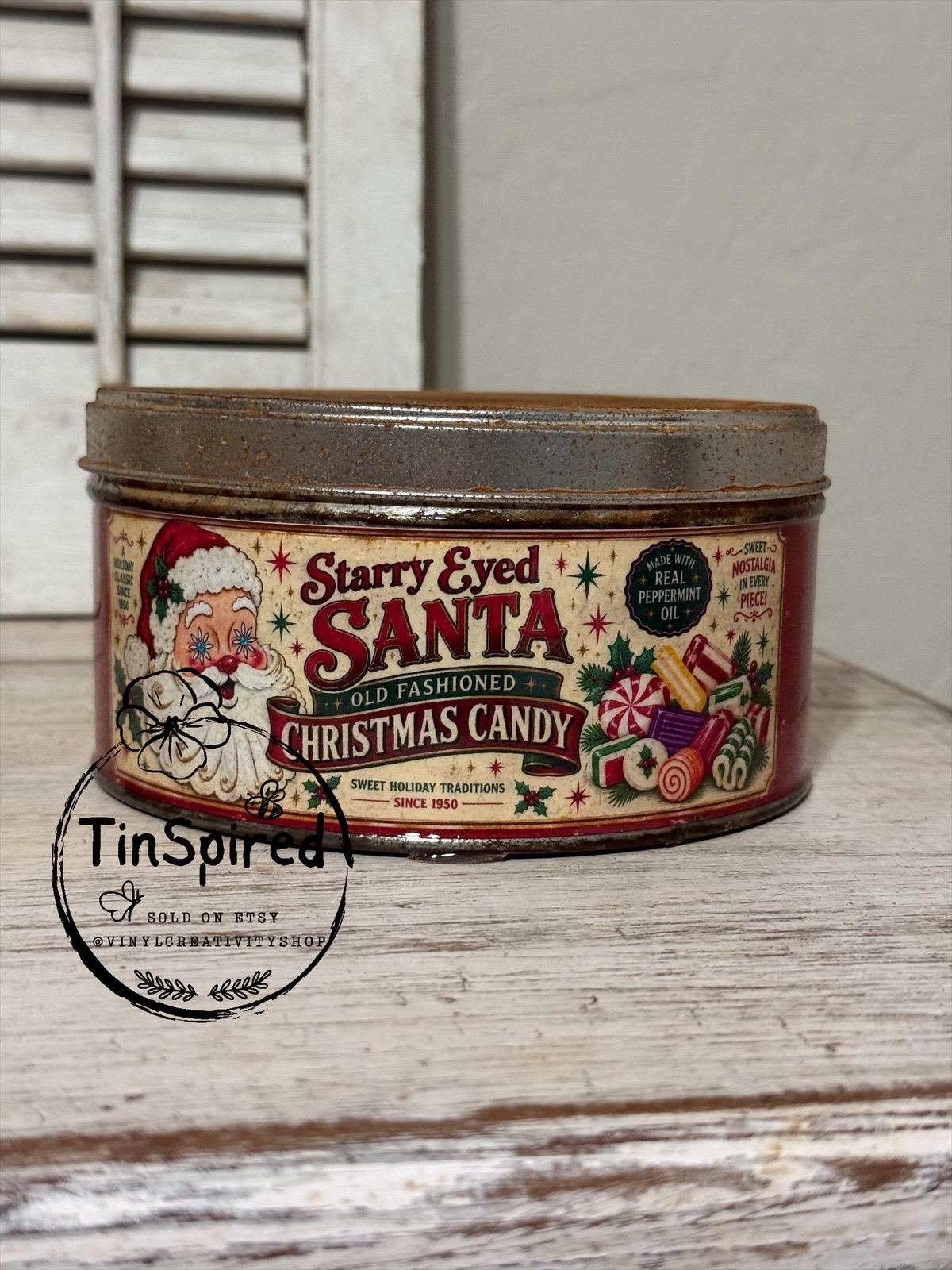 Vintage Christmas Candy Tin | Starry Eyed Santa Tin | Old Fashioned Christmas Candy | Retro Santa Decor | Rustic Holiday Tin