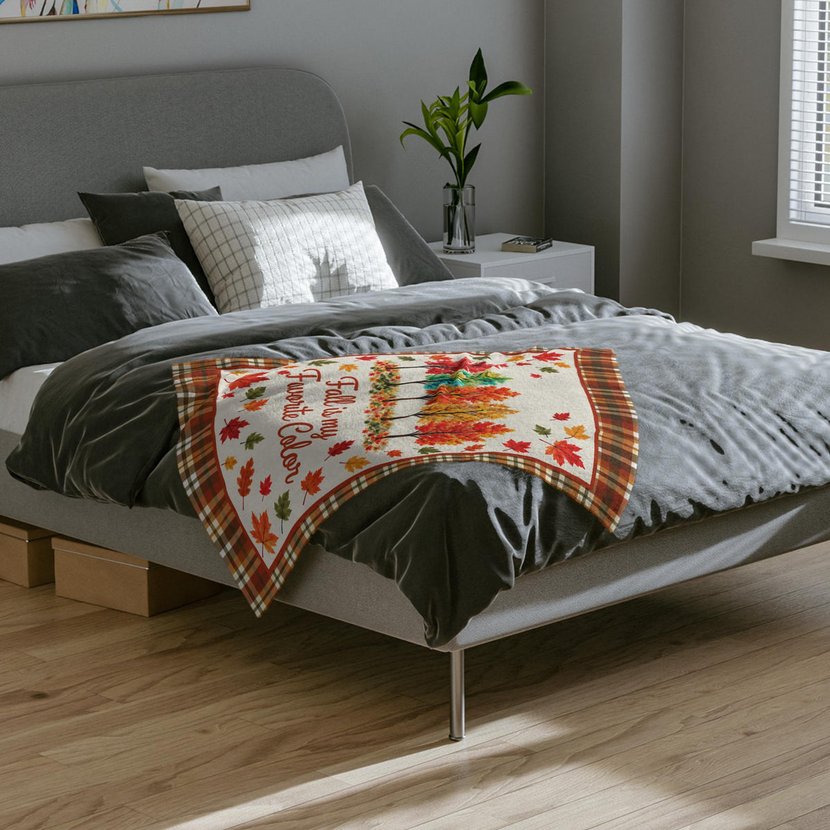 Fall Is My Favorite Color Velveteen Microfiber Blanket Throw, Plaid Autumn Leaves