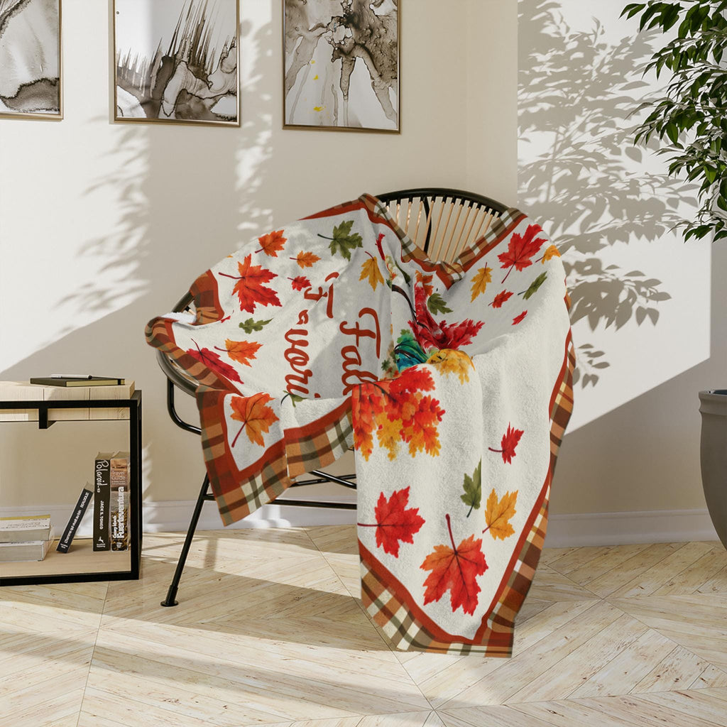 Fall Is My Favorite Color Velveteen Microfiber Blanket Throw, Plaid Autumn Leaves