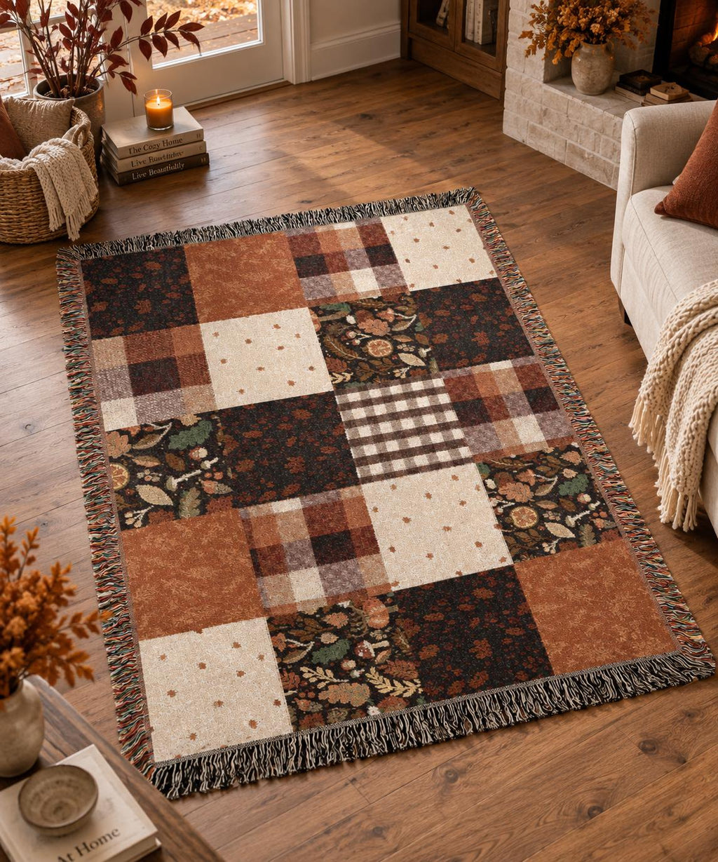 Patchwork Floral Plaid Woven Blanket | Autumn Rustic Throw