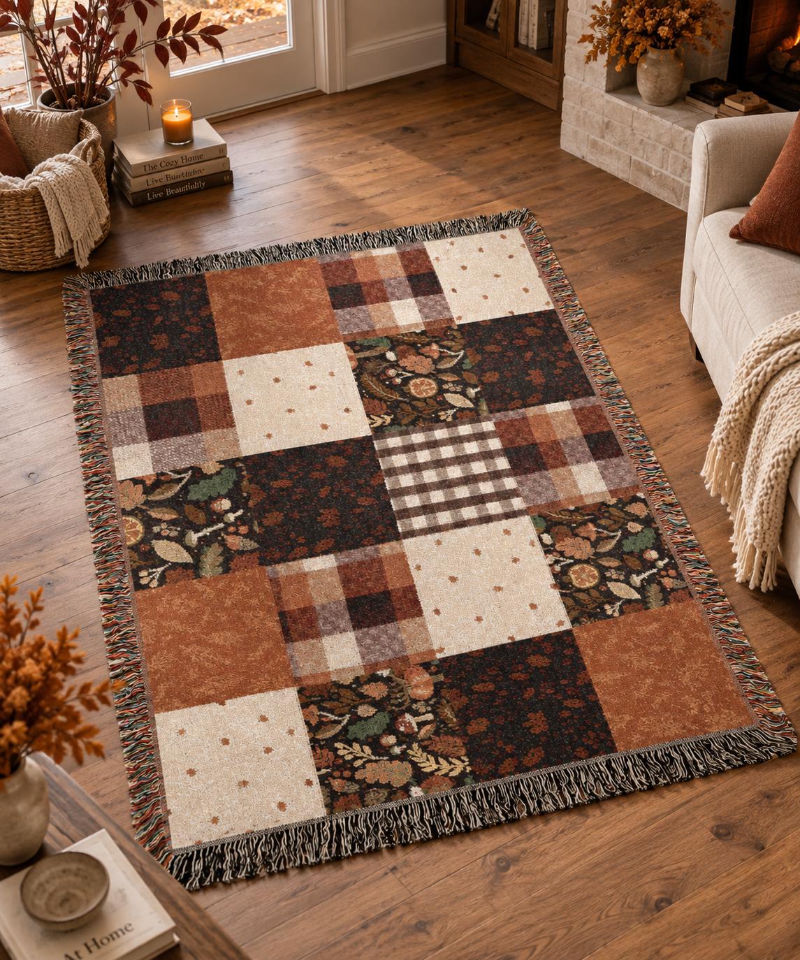 Patchwork Floral Plaid Woven Blanket | Autumn Rustic Throw