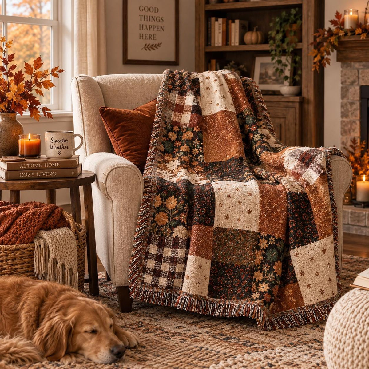 Patchwork Floral Plaid Woven Blanket | Autumn Rustic Throw