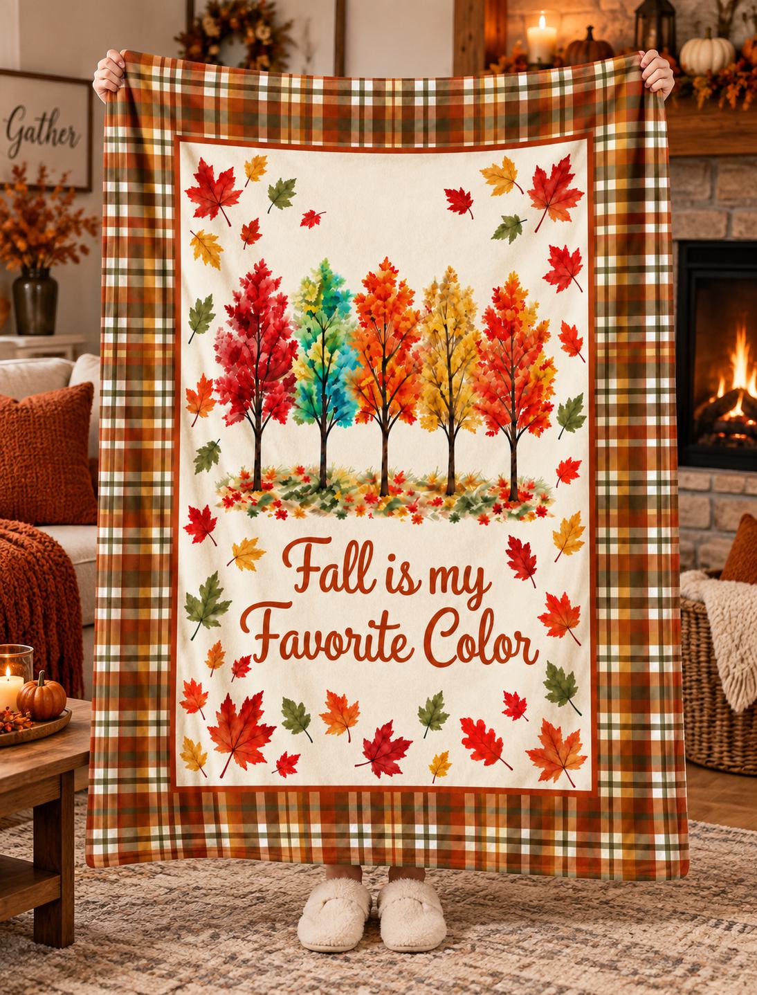 Fall Is My Favorite Color Velveteen Microfiber Blanket Throw, Plaid Autumn Leaves