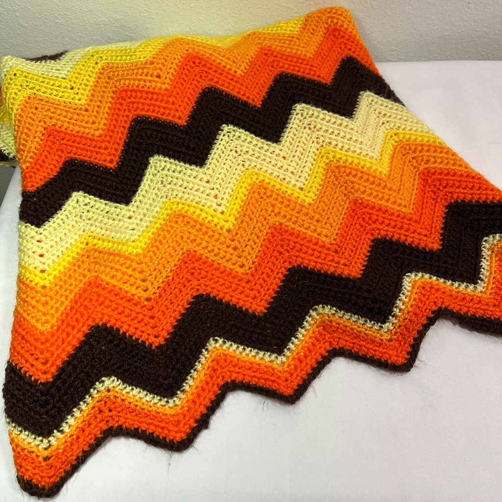 Vintage Crochet Afghan Chevron Zig Zag Orange Fall Autumn Colors 49 X 63