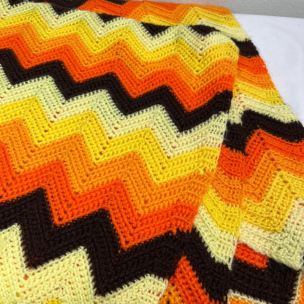 Vintage Crochet Afghan Chevron Zig Zag Orange Fall Autumn Colors 49 X 63
