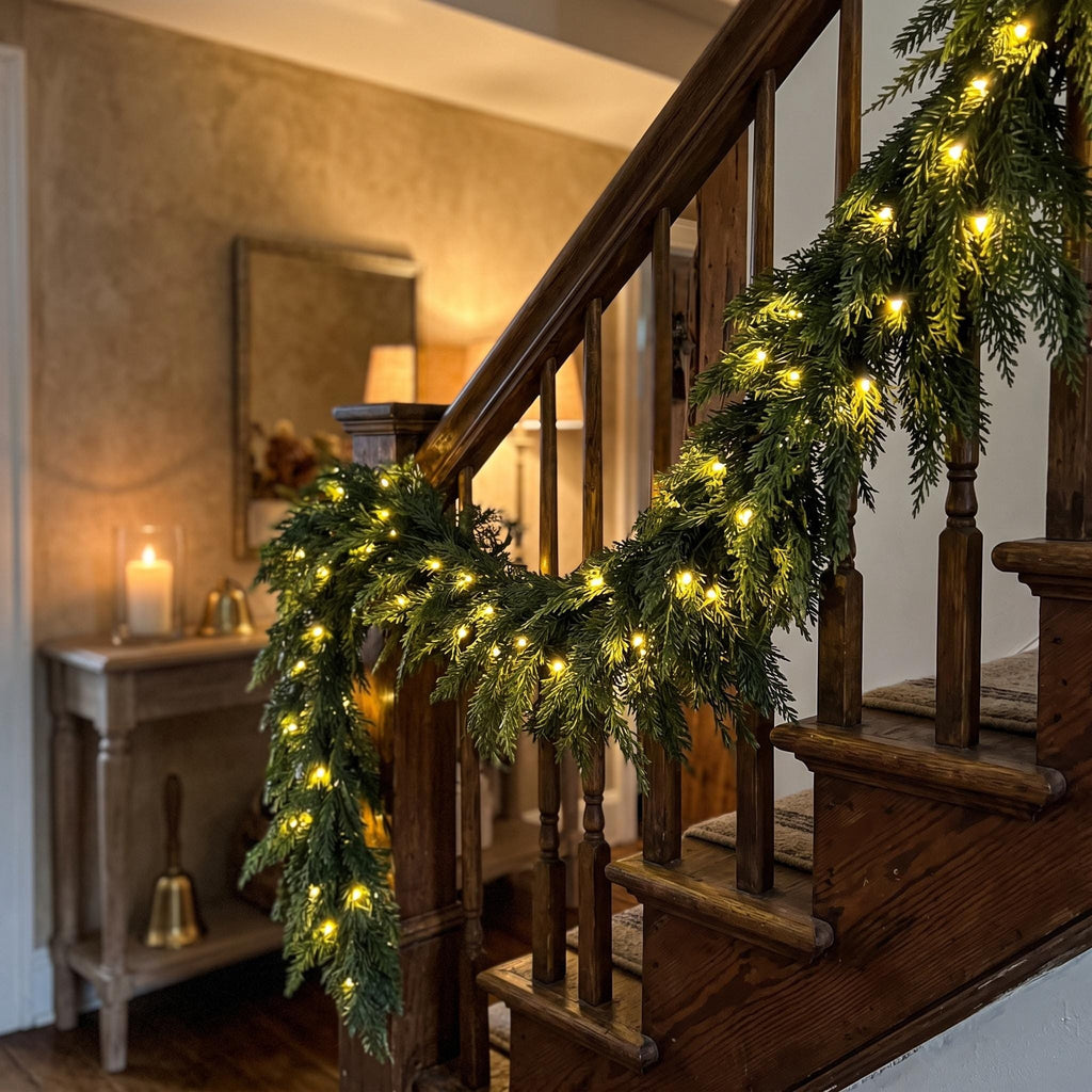 Pre-Lit Norfolk Pine Garland | Realistic Faux Evergreen Holiday Decor | Lighted Christmas Mantel Garland | Warm LED Fairy Lights Winter