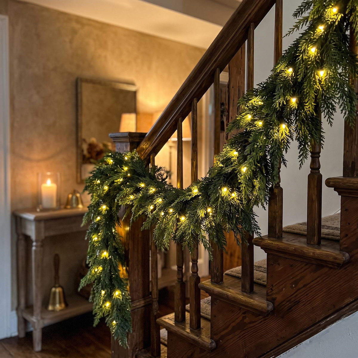 Pre-Lit Norfolk Pine Garland | Realistic Faux Evergreen Holiday Decor | Lighted Christmas Mantel Garland | Warm LED Fairy Lights Winter