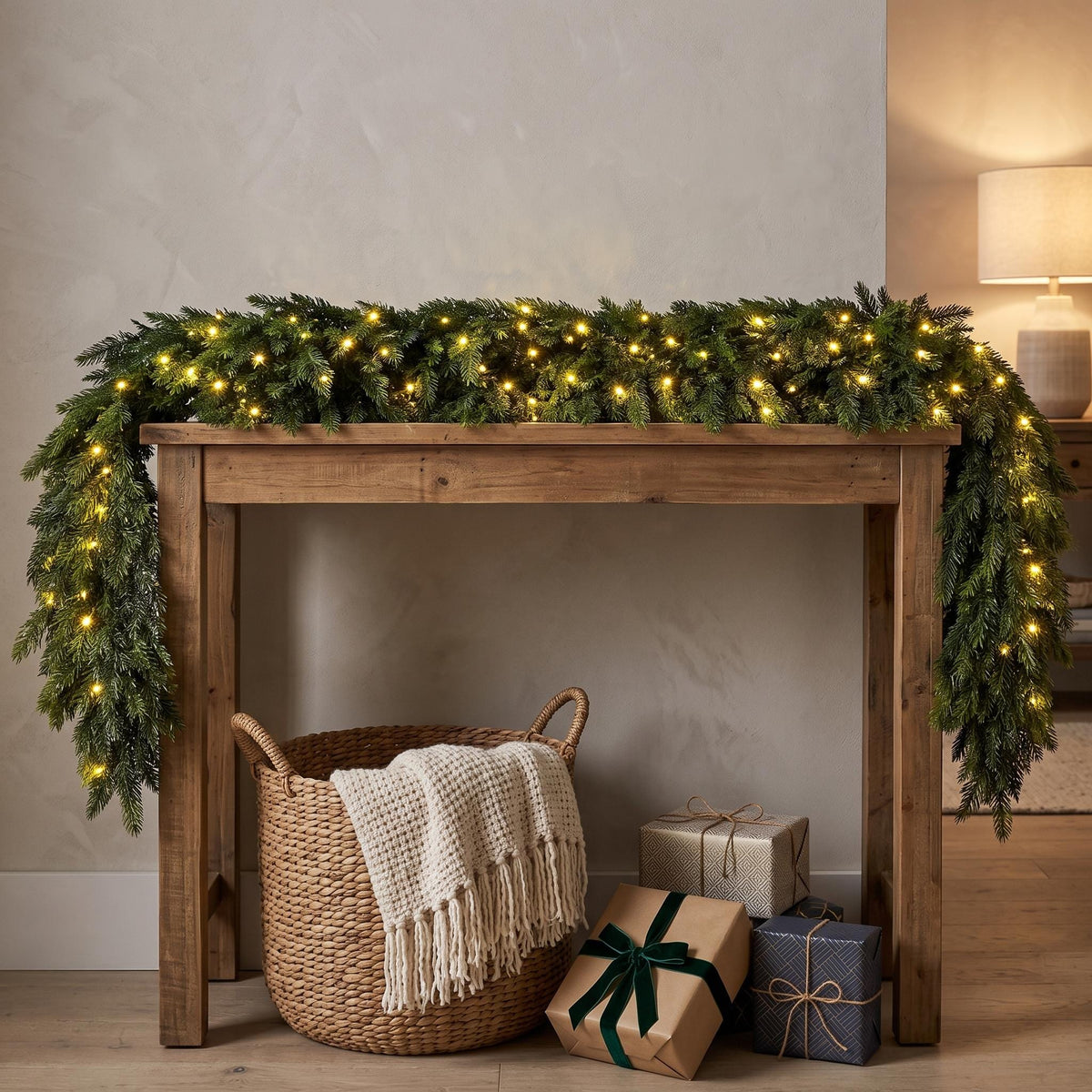 Pre-Lit Norfolk Pine Garland | Realistic Faux Evergreen Holiday Decor | Lighted Christmas Mantel Garland | Warm LED Fairy Lights Winter