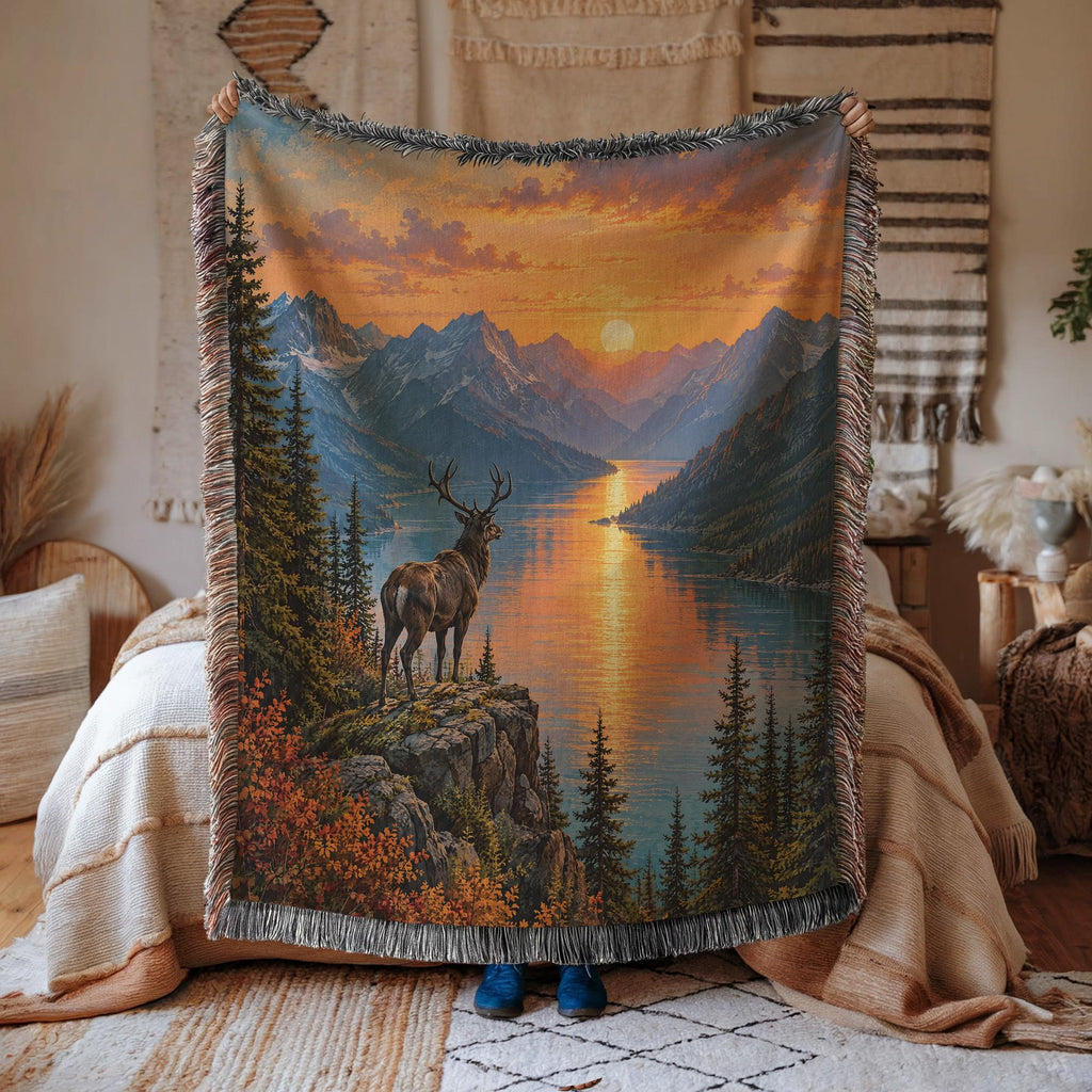 Stag Blanket Woven Throw, Forest Deer and Mountain Lake Cotton Blanket, Woodland Nature Decor Gift