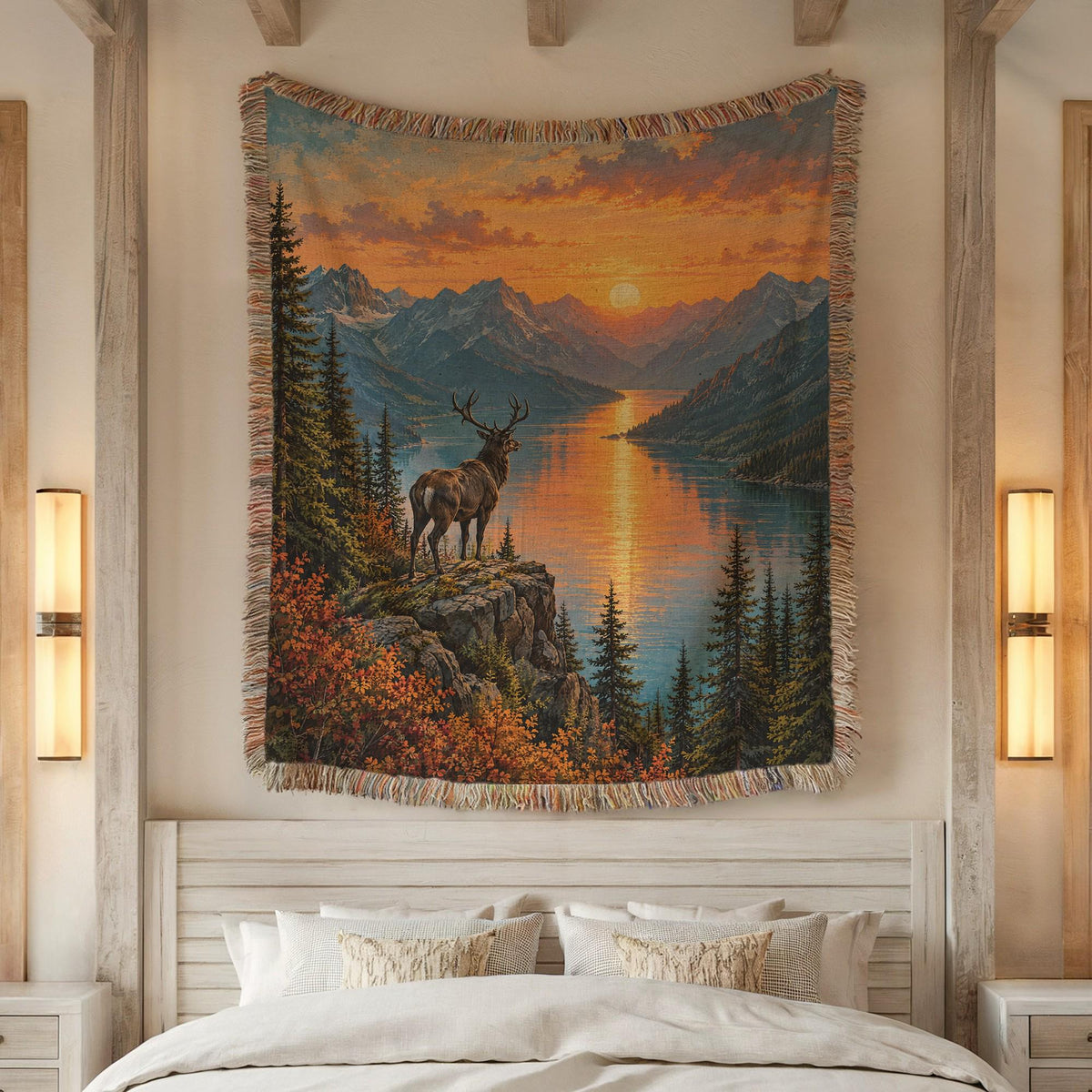Stag Blanket Woven Throw, Forest Deer and Mountain Lake Cotton Blanket, Woodland Nature Decor Gift
