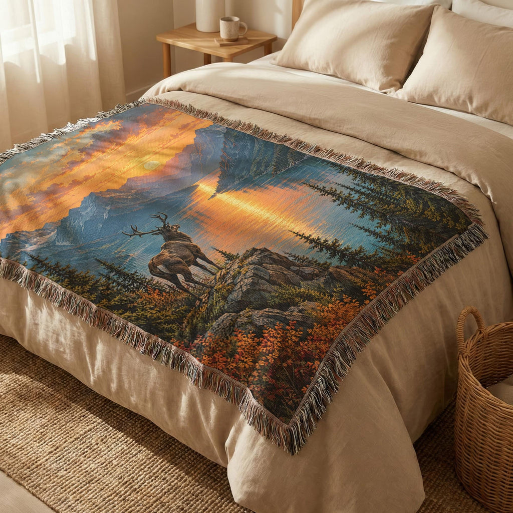 Stag Blanket Woven Throw, Forest Deer and Mountain Lake Cotton Blanket, Woodland Nature Decor Gift