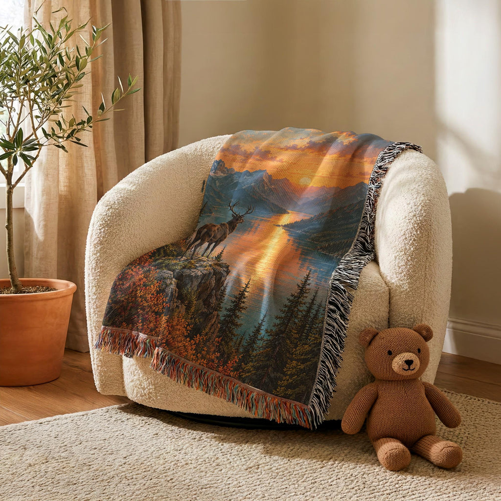 Stag Blanket Woven Throw, Forest Deer and Mountain Lake Cotton Blanket, Woodland Nature Decor Gift
