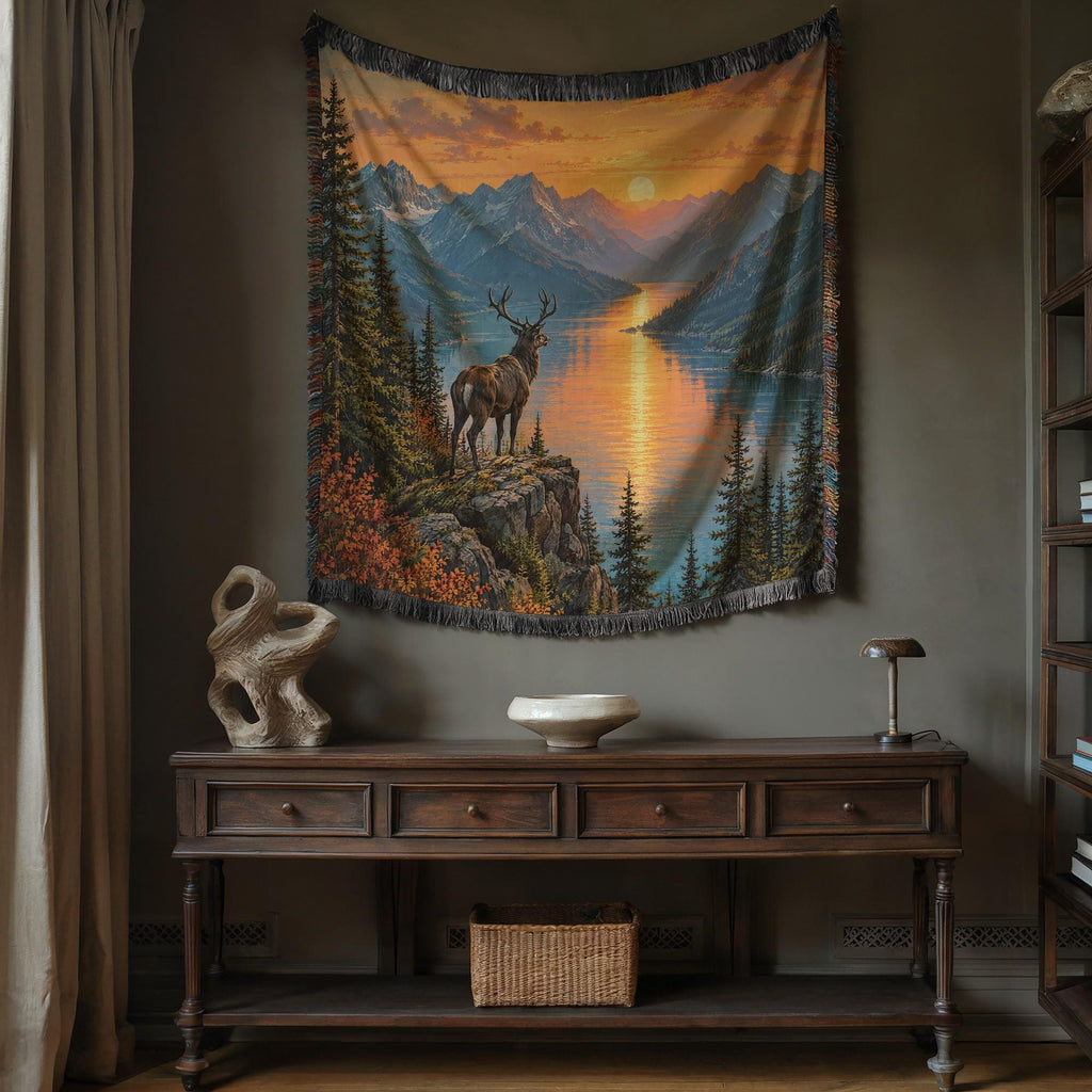 Stag Blanket Woven Throw, Forest Deer and Mountain Lake Cotton Blanket, Woodland Nature Decor Gift
