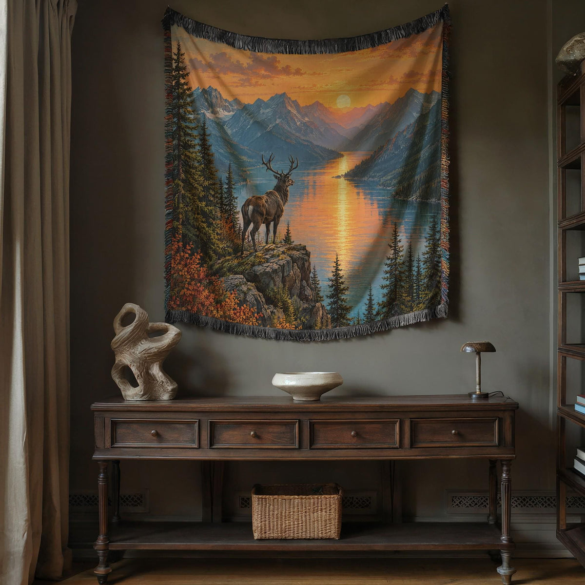 Stag Blanket Woven Throw, Forest Deer and Mountain Lake Cotton Blanket, Woodland Nature Decor Gift