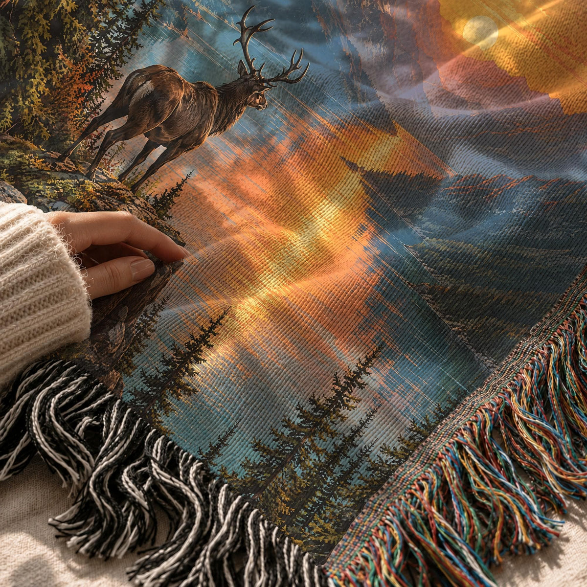 Stag Blanket Woven Throw, Forest Deer and Mountain Lake Cotton Blanket, Woodland Nature Decor Gift