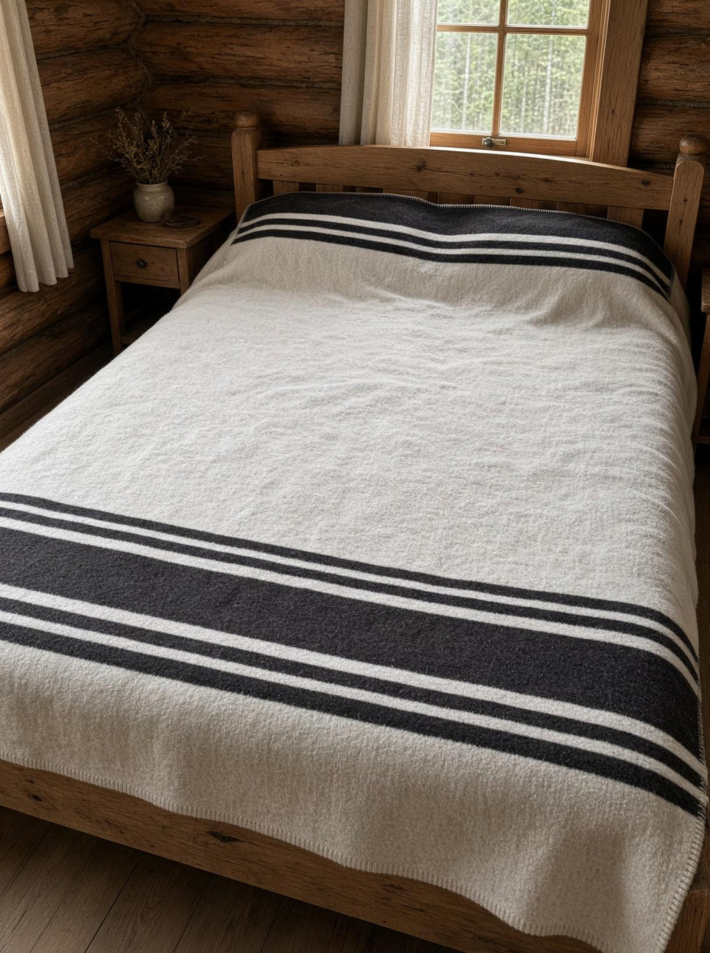 Mongolian Wool Blanket 185x235 Dark Charcoal Brown Stripes | Heavy 3kg Cabin Throw | Autumn Winter Bed Sofa