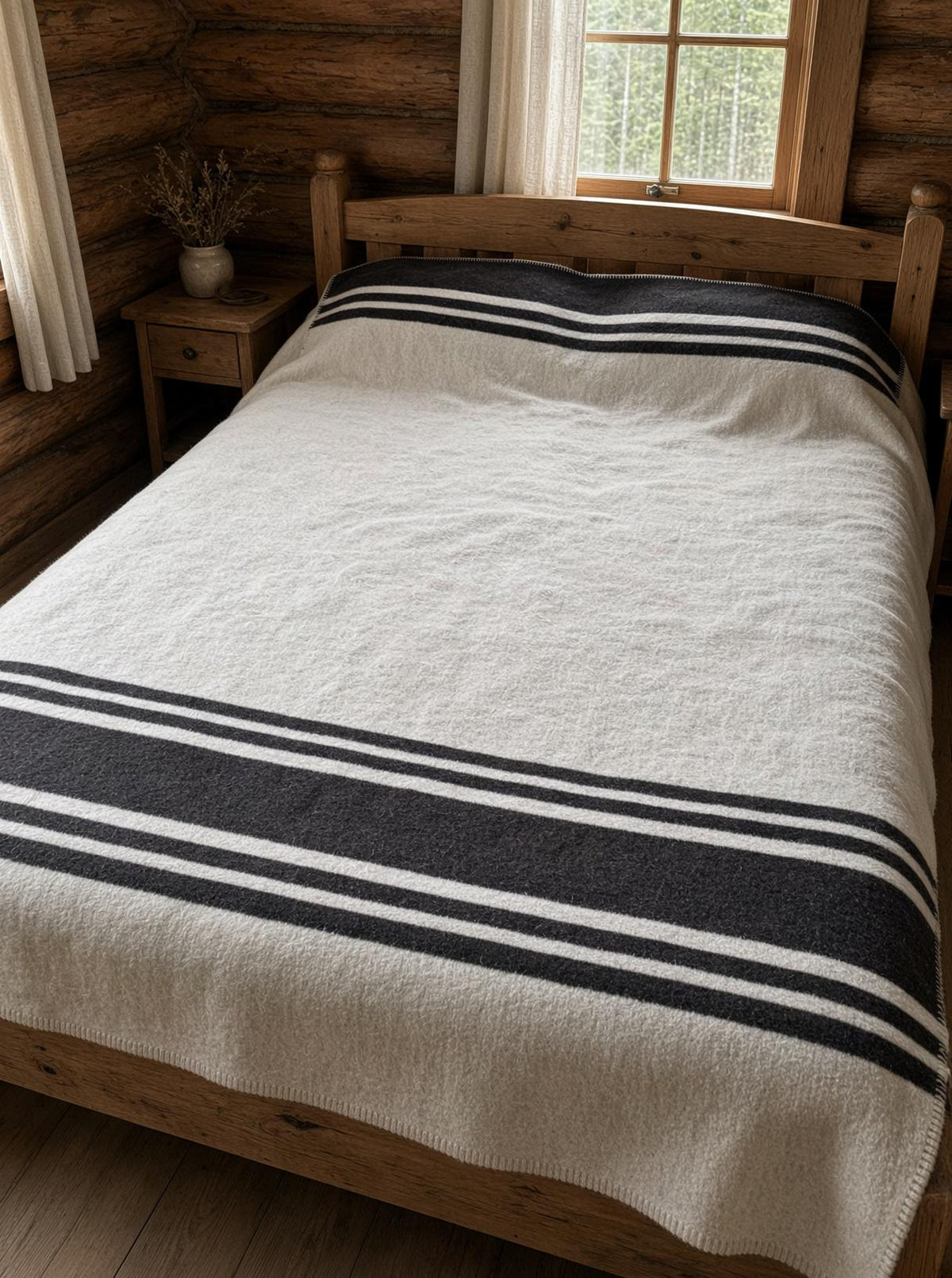 Mongolian Wool Blanket 185x235 Dark Charcoal Brown Stripes | Heavy 3kg Cabin Throw | Autumn Winter Bed Sofa
