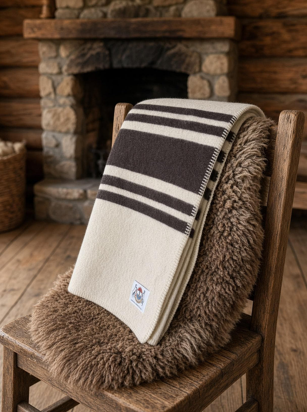 Mongolian Wool Blanket 185x235 Dark Charcoal Brown Stripes | Heavy 3kg Cabin Throw | Autumn Winter Bed Sofa