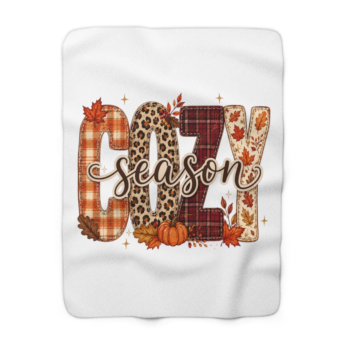 Cozy Season Sherpa Fleece Blanket, Autumn Leaf Print Throw, Plaid Leopard Design