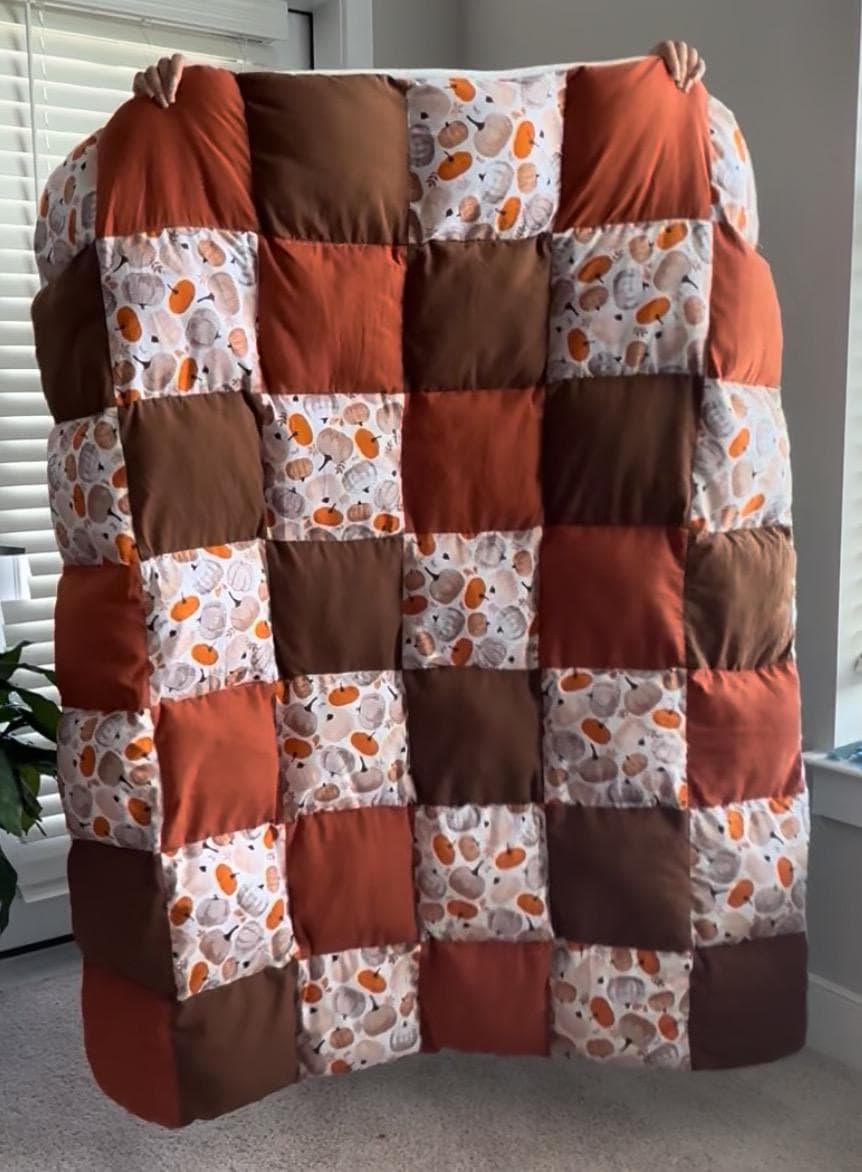 Handmade Pumpkin Patch Puff Quilt | Cozy Autumn Throw Blanket (50"x56")