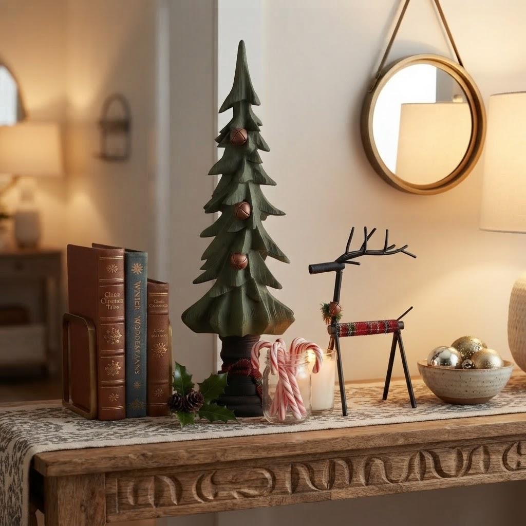 Rusty Bell Christmas Tree Plaid Reindeer Set Primitive Country Holiday Table Decor