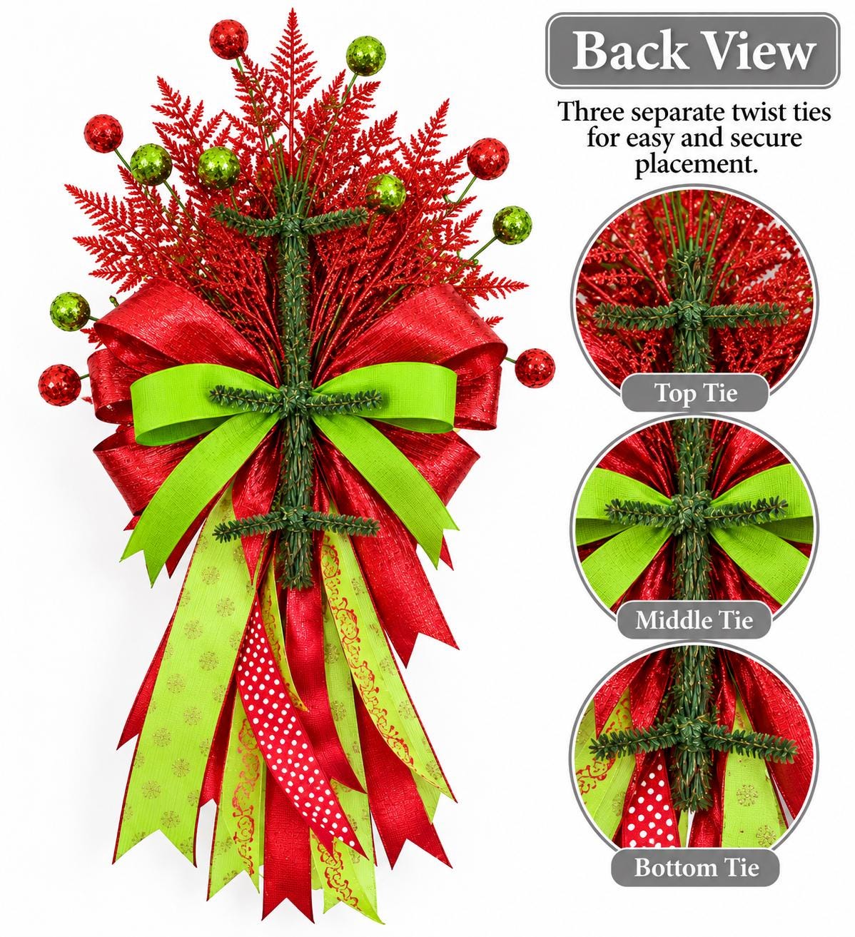 Whimsical Christmas tree topper, red and green Tree Topper, Handcrafted Christmas tree decoration Ribbon tree top