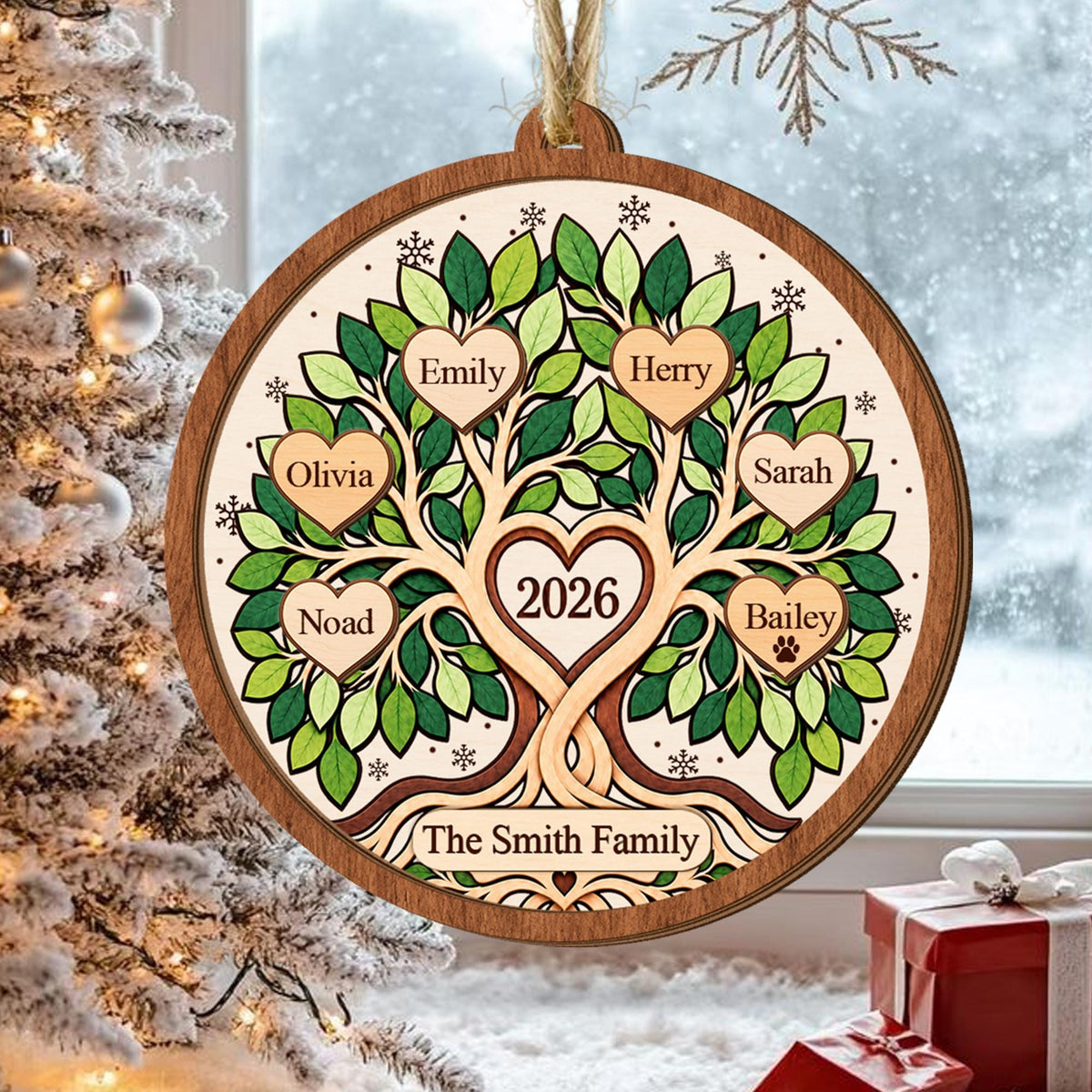 Personalized Family Tree Christmas Ornament, Custom Name Family Keepsake, Gift for Grandparents, 2026 Family Wooden Ornament