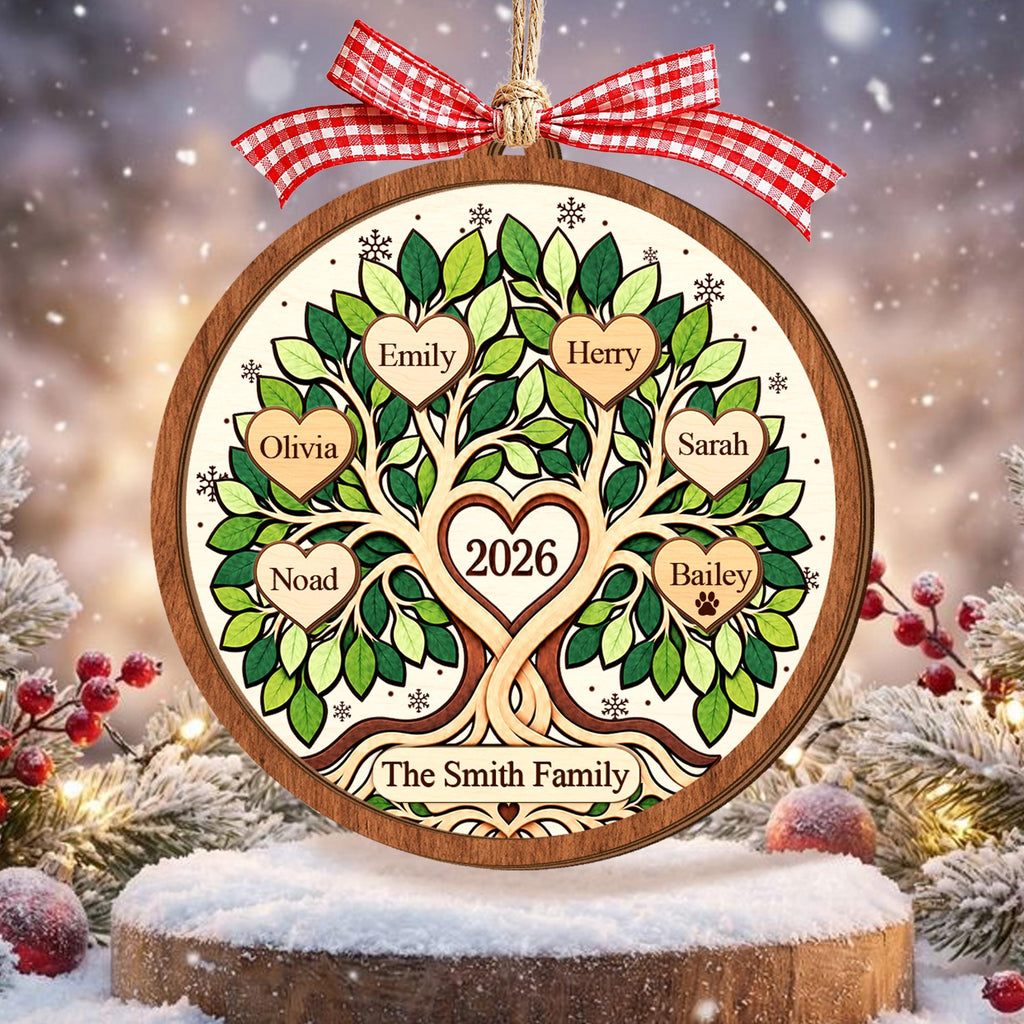 Personalized Family Tree Christmas Ornament, Custom Name Family Keepsake, Gift for Grandparents, 2026 Family Wooden Ornament