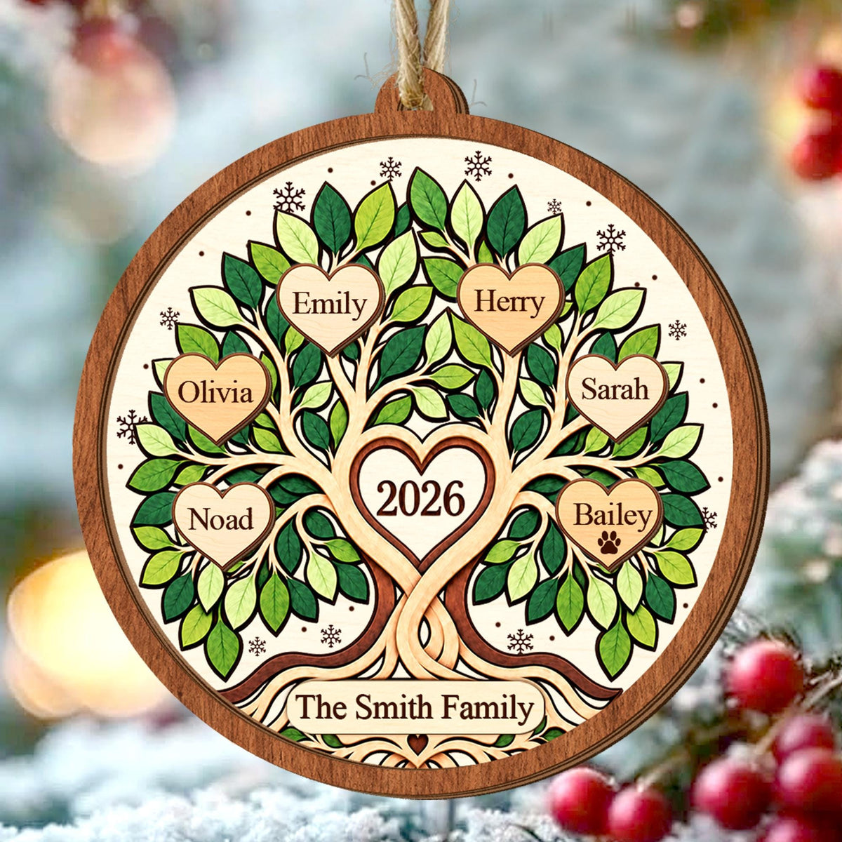 Personalized Family Tree Christmas Ornament, Custom Name Family Keepsake, Gift for Grandparents, 2026 Family Wooden Ornament